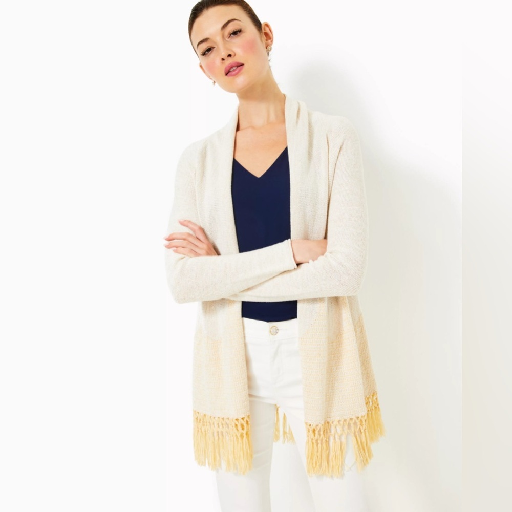Lilly Pulitzer Gold Metallic Tatum Long Fringe Hem Open Front Cardigan Sweater
